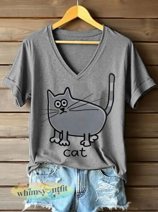 Schattige kat met V-hals T-shirt voor dames - Grijs / S