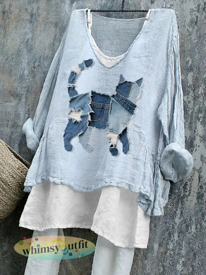 Schattige kat patchwork kunst linnen shirt voor dames - Lichtblauw / S
