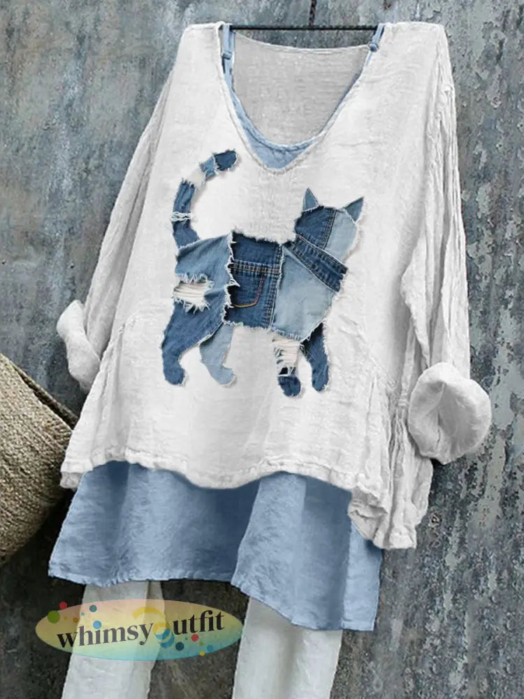 Schattige kat patchwork kunst linnen shirt voor dames - Wit / S