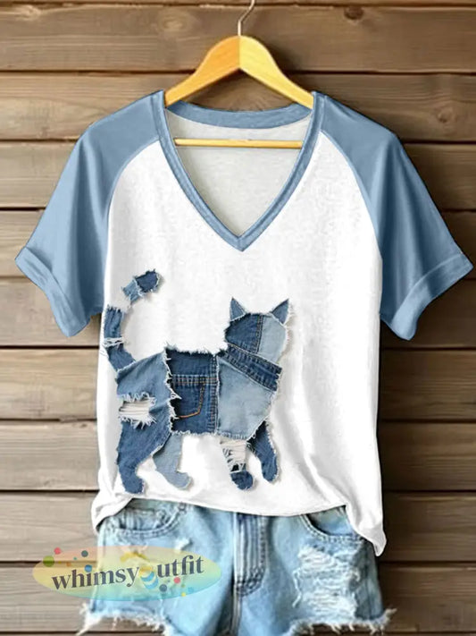 Schattige kat patchwork kunst V-hals T-shirt voor dames - als foto / S