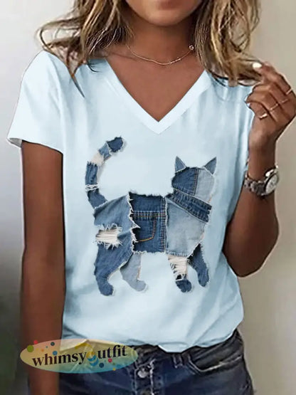 Schattige kat patroon patchwork kunst v-hals T-shirt voor dames - Hemelsblauw / S