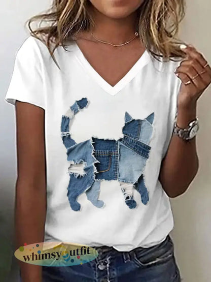 Schattige kat patroon patchwork kunst v-hals T-shirt voor dames - Wit / S