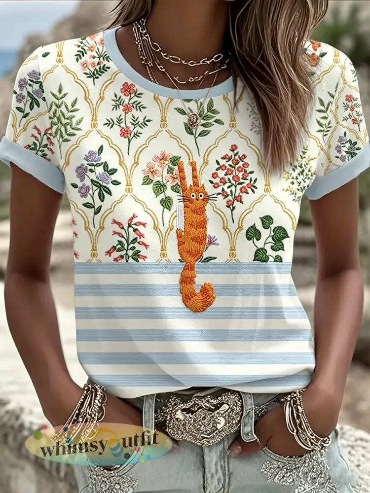 Schattige kat voor dames met bloemen grafisch casual T-shirt met korte mouwen - als foto / S