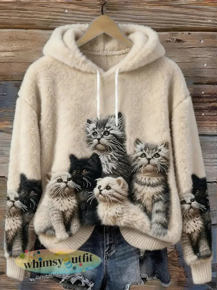 Schattige kattenprint casual flanellen sweatshirt voor dames - als foto / S