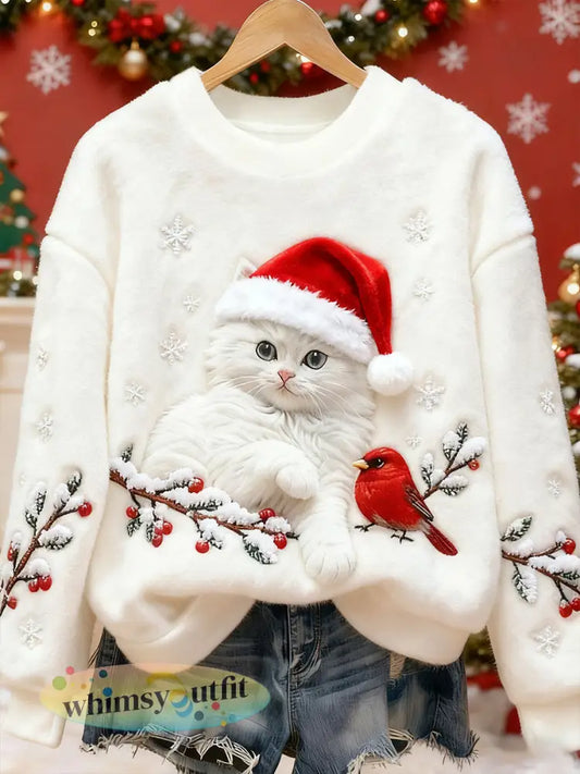 Schattige kerst kattenkunstprint casual flanellen sweatshirt voor dames - Wit / S