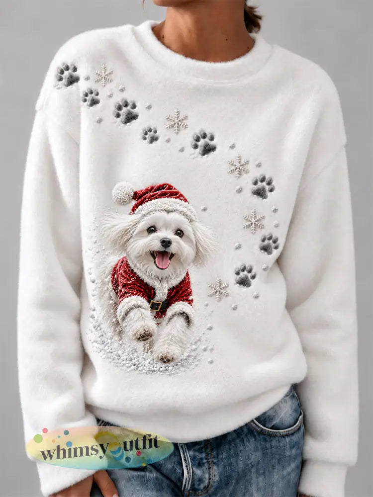 Schattige kerst Maltese hondenprint voor dames gezellig flanellen sweatshirt - Wit / S