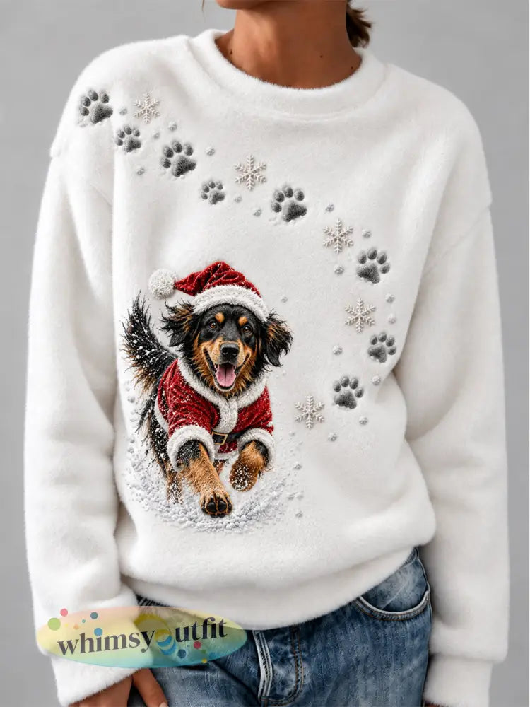 Schattige kersthondenprint voor dames gezellig flanellen sweatshirt - Wit / S