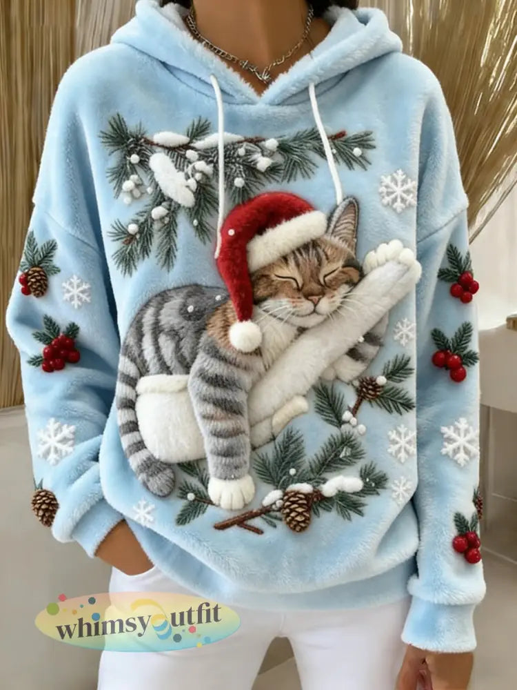 Schattige kerstkat kunstprint casual flanellen hoodie voor dames - Lichtblauw / S
