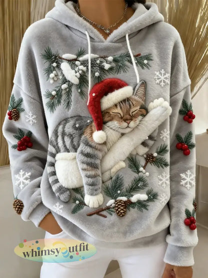 Schattige kerstkat kunstprint casual flanellen hoodie voor dames - Lichtgrijs / S