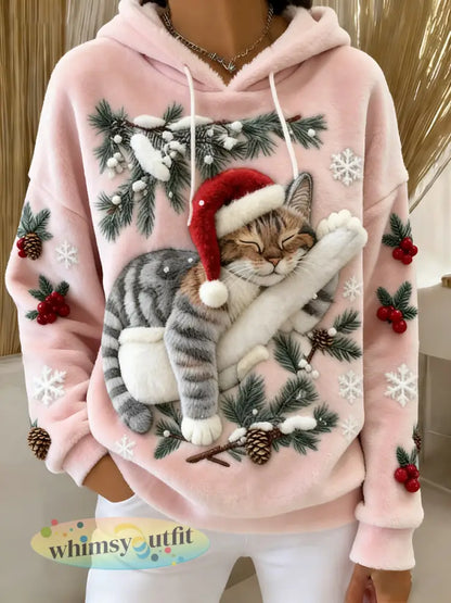 Schattige kerstkat kunstprint casual flanellen hoodie voor dames - Lichtroze / S