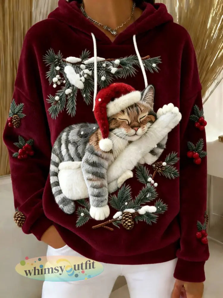 Schattige kerstkat kunstprint casual flanellen hoodie voor dames - Wijnrood / S