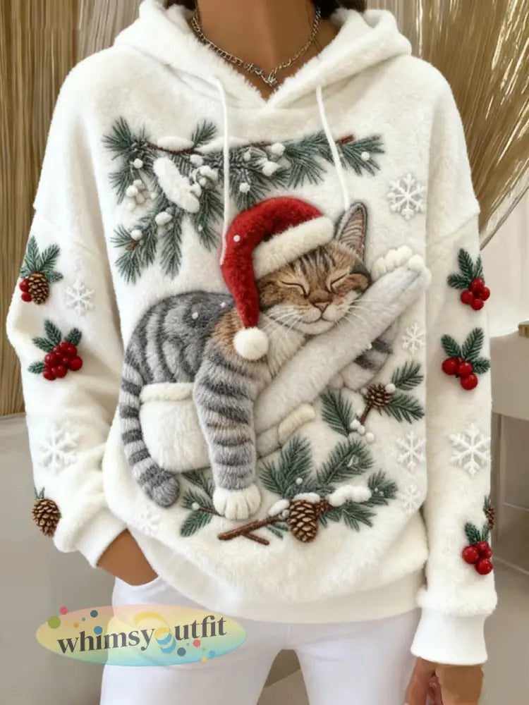 Schattige kerstkat kunstprint casual flanellen hoodie voor dames - Wit / S