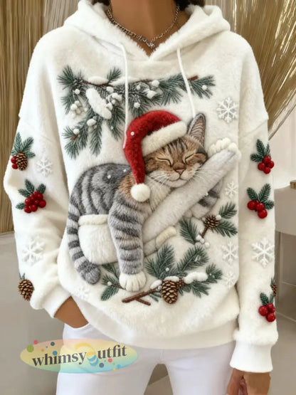 Schattige kerstkat kunstprint casual flanellen hoodie voor dames - Wit / S
