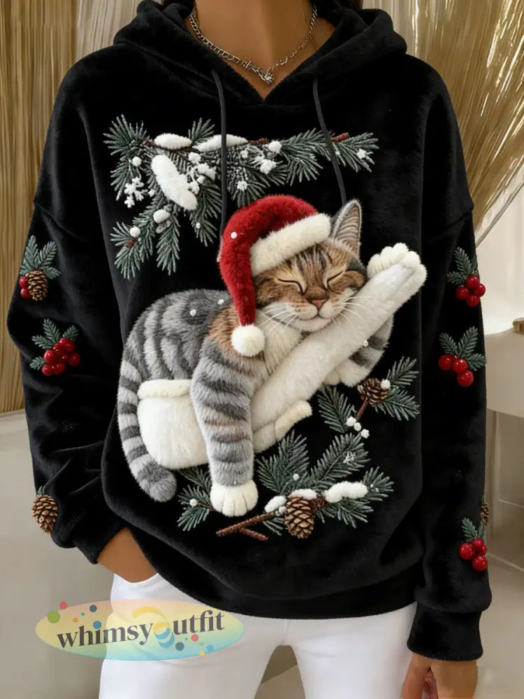 Schattige kerstkat kunstprint casual flanellen hoodie voor dames - Zwart / S