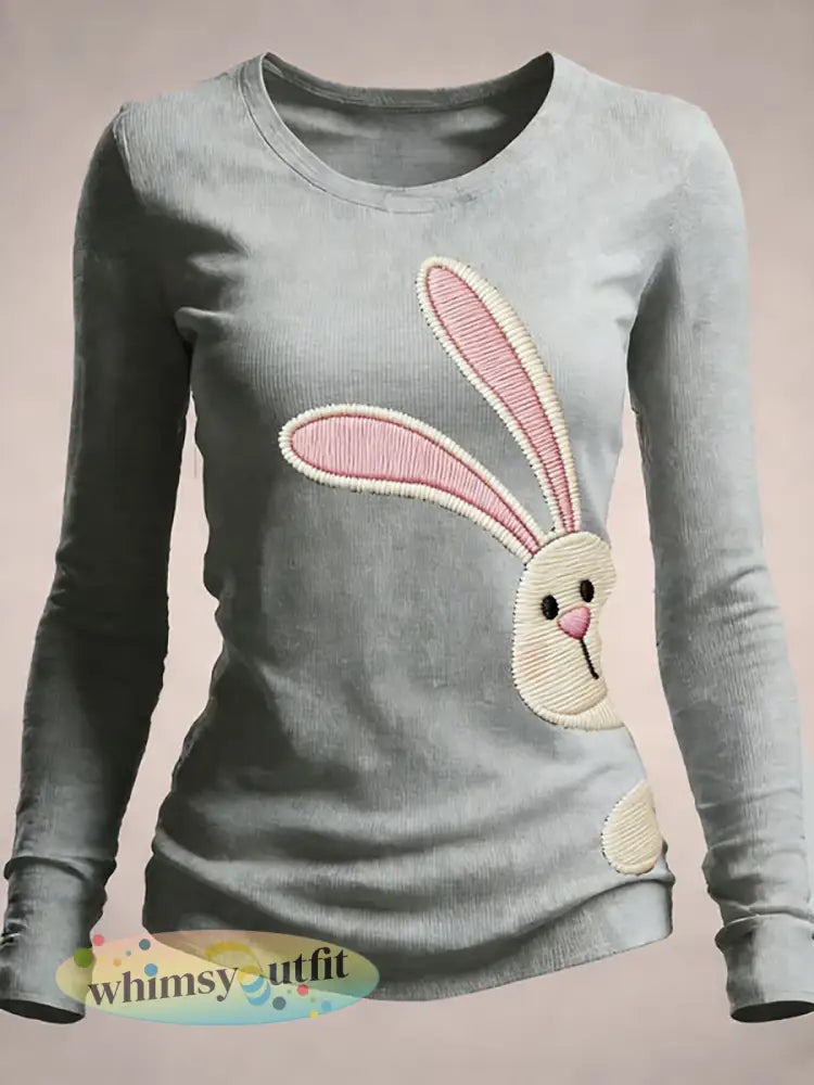 Schattige konijn print casual T-shirt voor dames - Grijs / S
