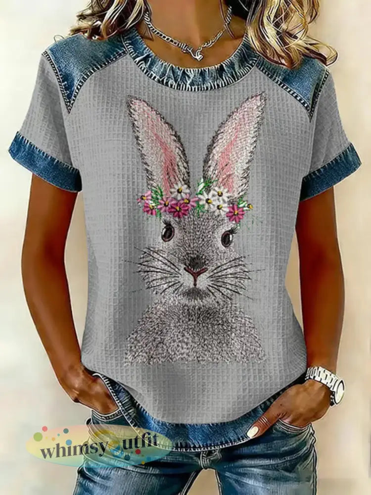 Schattige konijn print casual T-shirt voor dames - Grijs / S