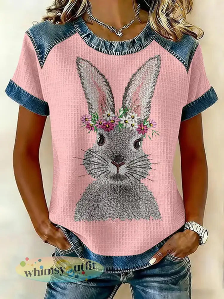Schattige konijn print casual T-shirt voor dames - Roze / S