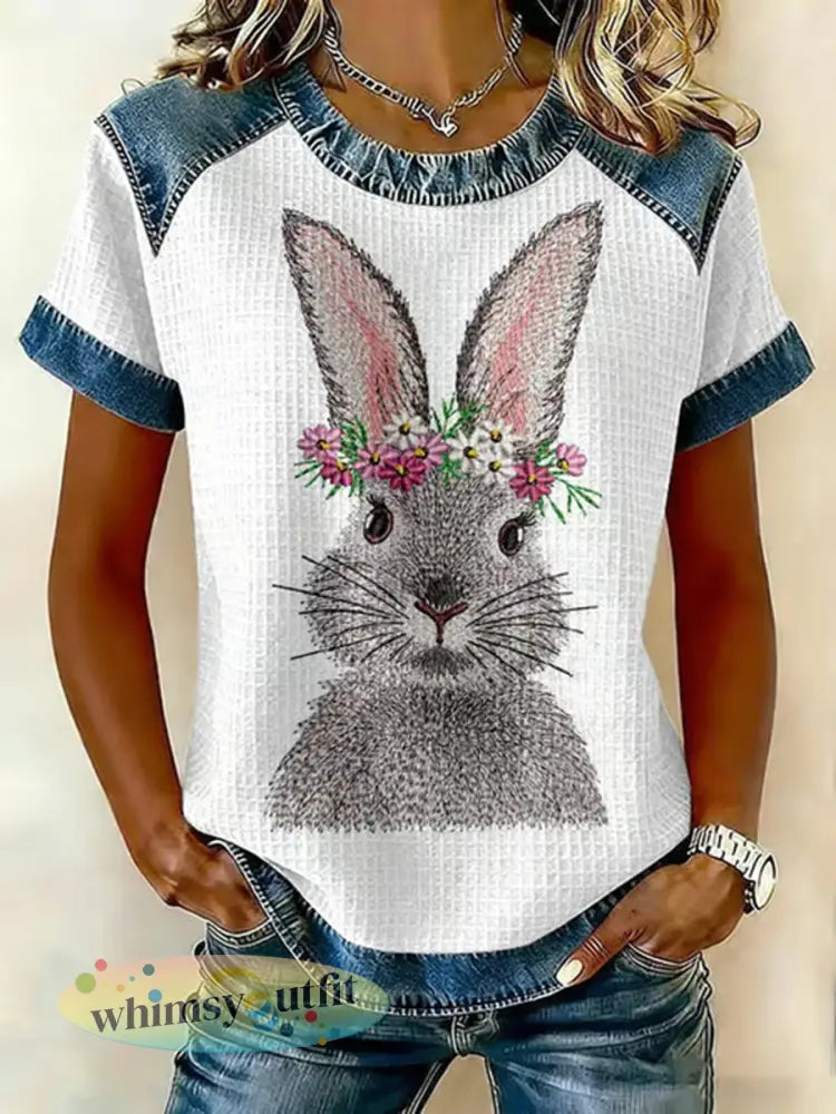 Schattige konijn print casual T-shirt voor dames - Wit / S