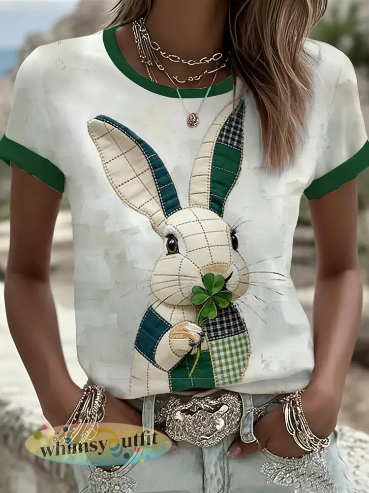 Schattige konijnenkunst T-shirt met korte mouwen voor dames - als foto / S