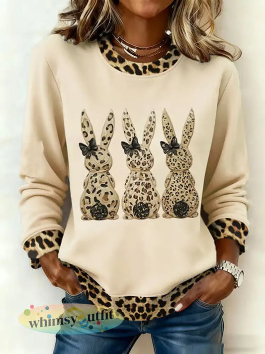 Schattige konijnenprint casual sweatshirt voor dames - Abrikoos / S