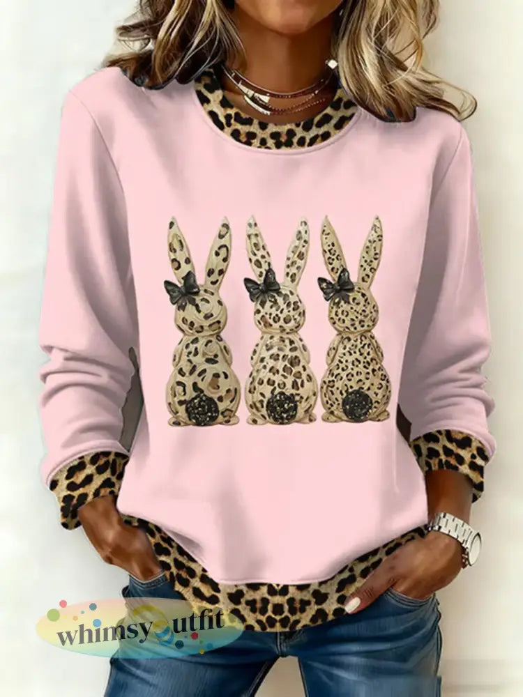 Schattige konijnenprint casual sweatshirt voor dames - Roze / S