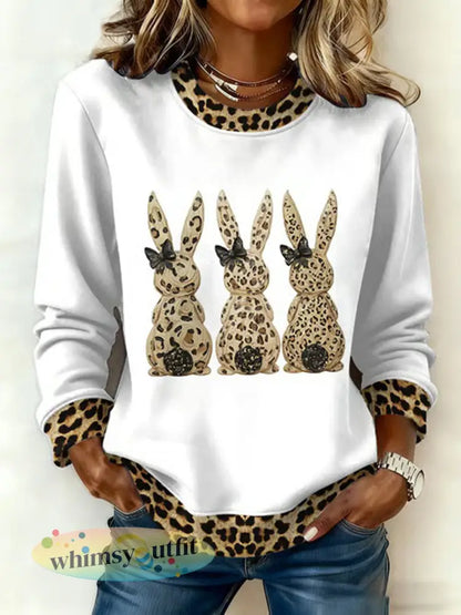 Schattige konijnenprint casual sweatshirt voor dames - Wit / S