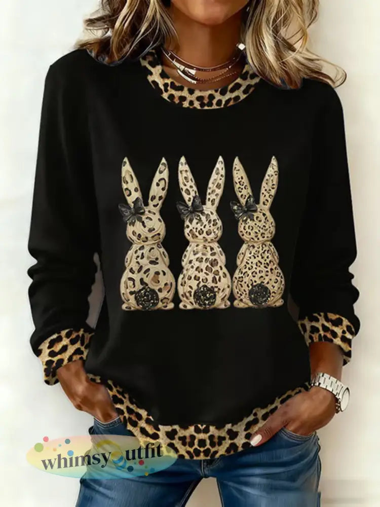 Schattige konijnenprint casual sweatshirt voor dames - Zwart / S