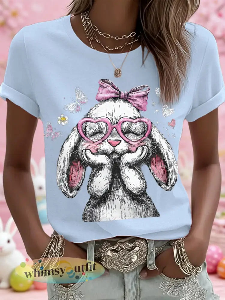 Schattige paashaas print casual tee voor dames - Hemelsblauw / S