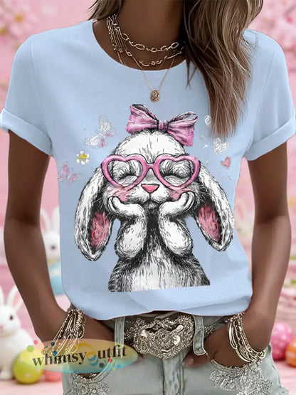 Schattige paashaas print casual tee voor dames - Hemelsblauw / S