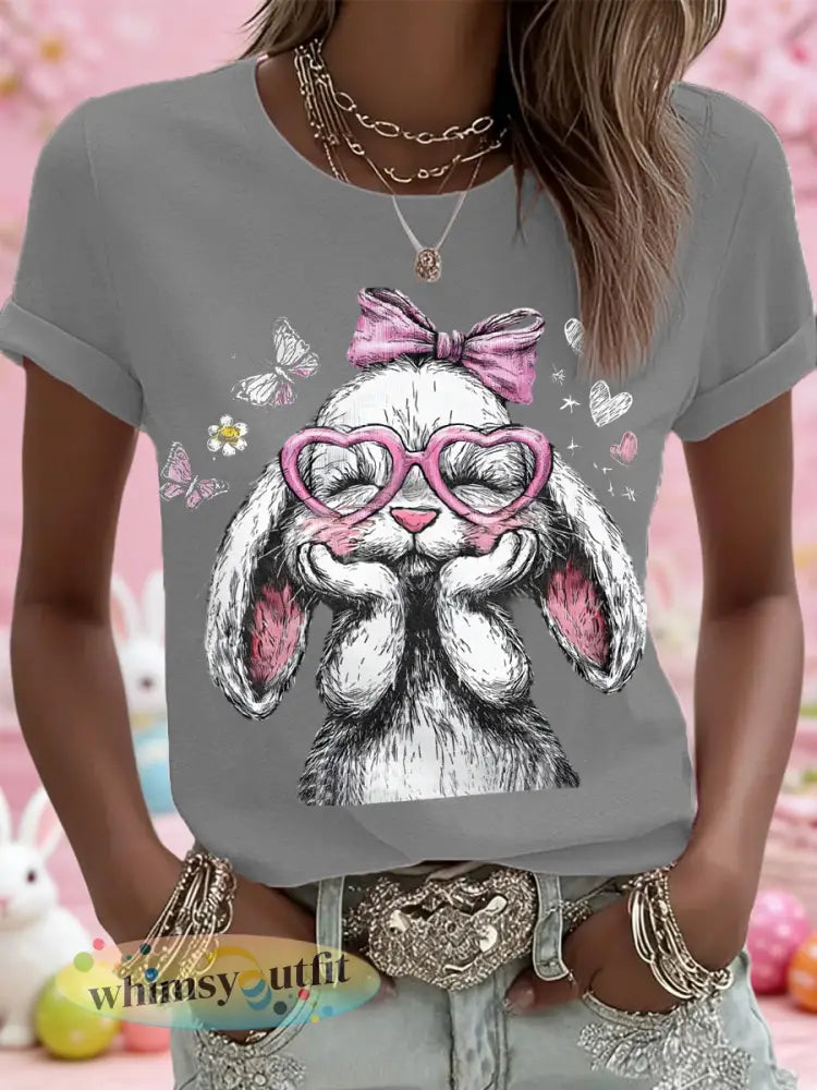 Schattige paashaas print casual tee voor dames - Lichtgrijs / S