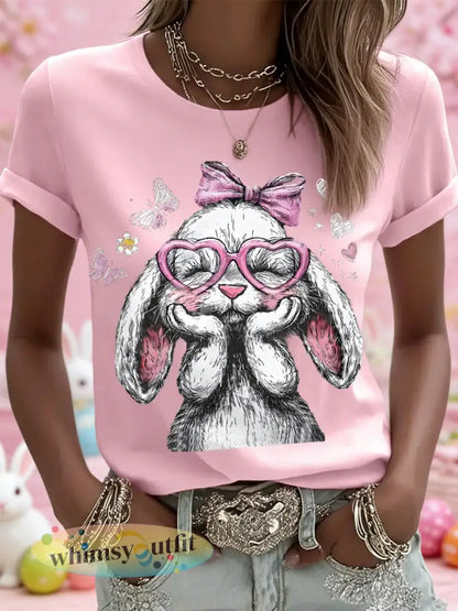 Schattige paashaas print casual tee voor dames - Roze / S