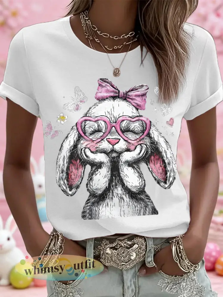 Schattige paashaas print casual tee voor dames - Wit / S