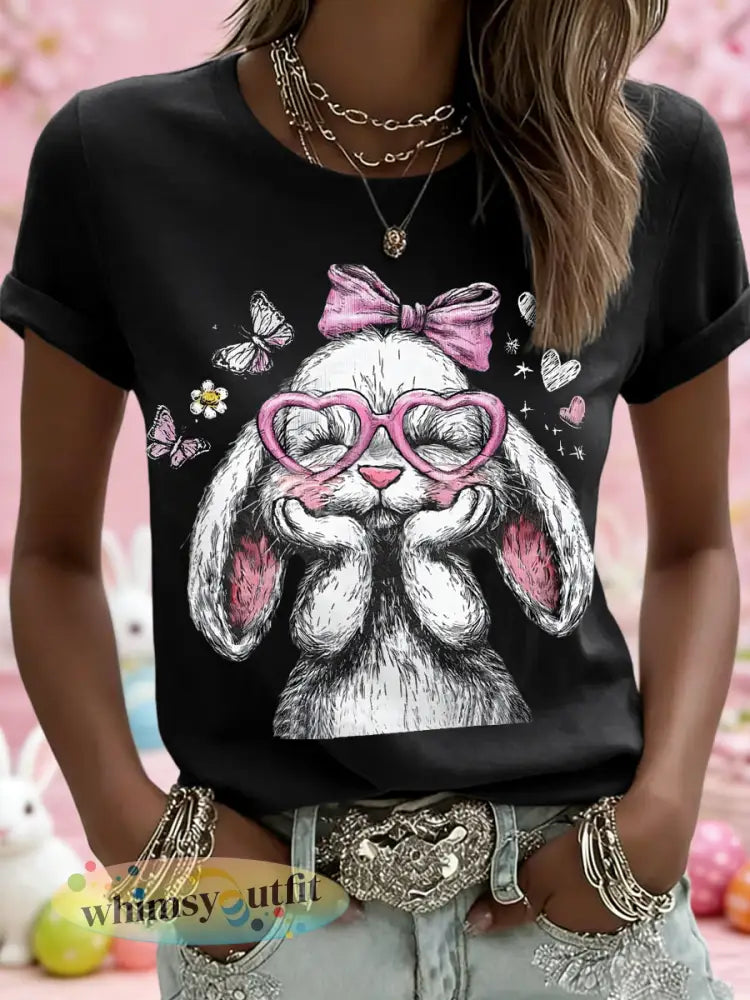 Schattige paashaas print casual tee voor dames - Zwart / S