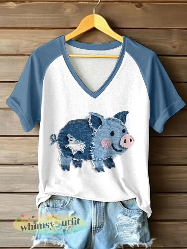 Schattige varken patchwork kunst V-hals T-shirt voor dames - als foto / S