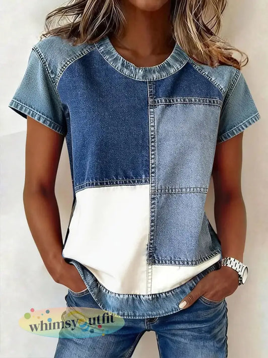 Simple Denim Patchwork Top voor dames - Blauw / S