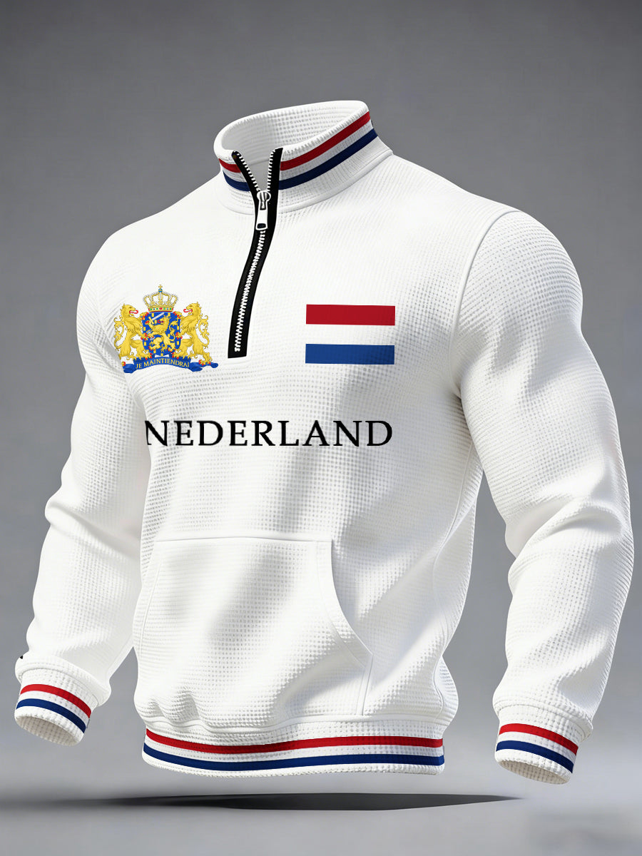 Heren Nederland Vlag Print Casual Waffle Sweatshirt