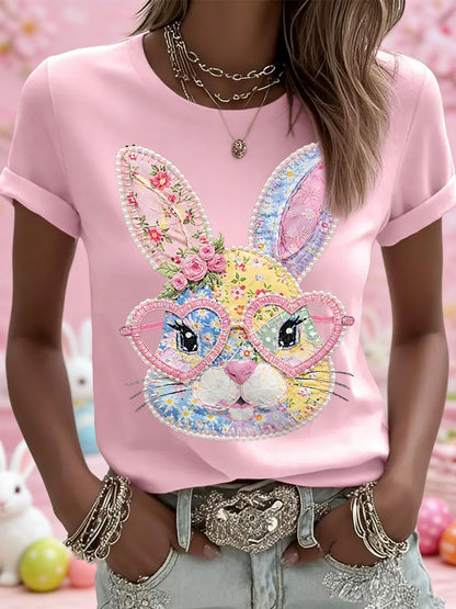 Dames Pasen Floral Bunny Patchwork Print Casual T-shirt