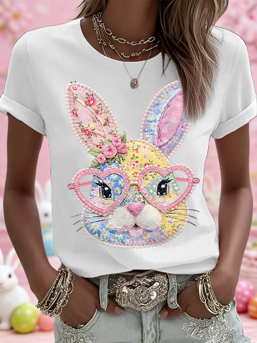 Dames Pasen Floral Bunny Patchwork Print Casual T-shirt