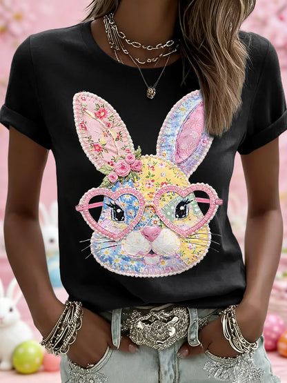 Dames Pasen Floral Bunny Patchwork Print Casual T-shirt