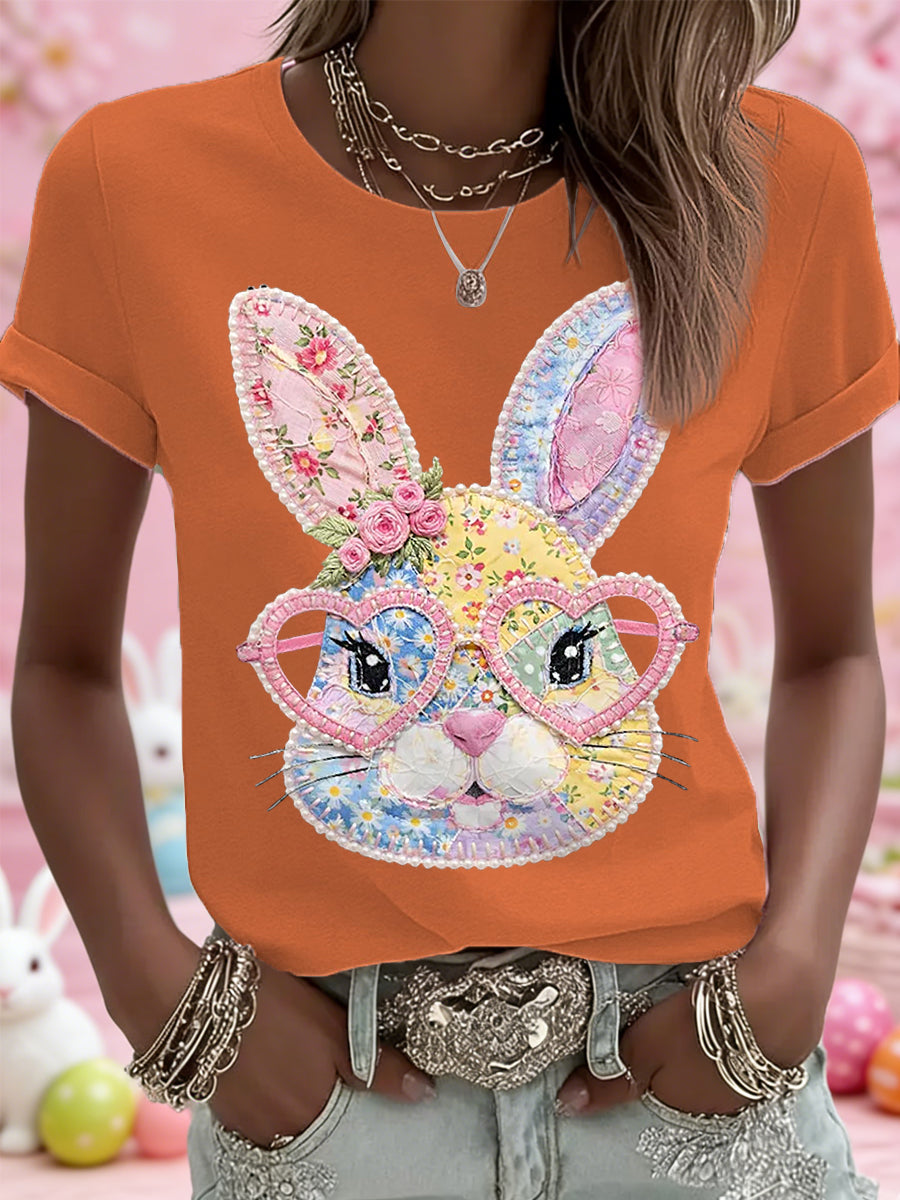 Dames Pasen Floral Bunny Patchwork Print Casual T-shirt