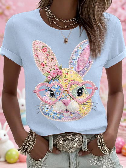 Dames Pasen Floral Bunny Patchwork Print Casual T-shirt