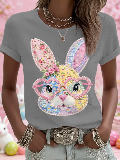 Dames Pasen Floral Bunny Patchwork Print Casual T-shirt