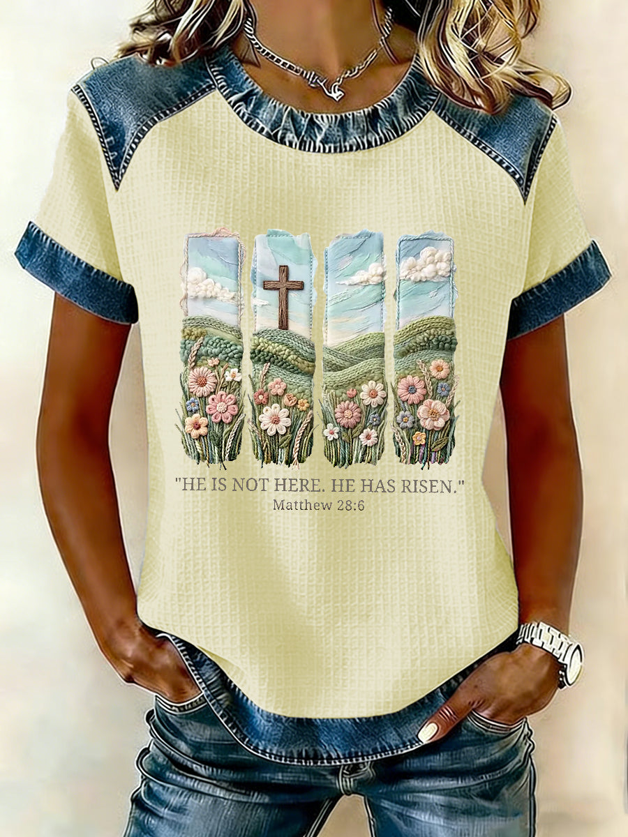 Christelijk Pasen voor dames Hij is hier niet, hij is opgestaan Matthew 28:6 Waffle Patchwork T-shirt met korte mouwen