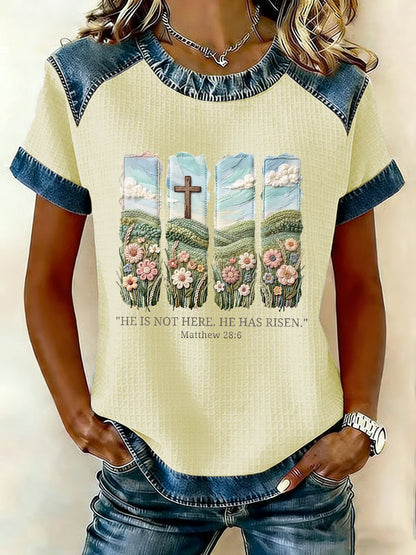 Christelijk Pasen voor dames Hij is hier niet, hij is opgestaan Matthew 28:6 Waffle Patchwork T-shirt met korte mouwen