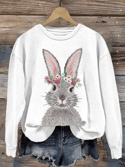 Dames Eatser Schattig Bunny Patroon Gedrukt met ronde-hals lange mouw Sweatshirt