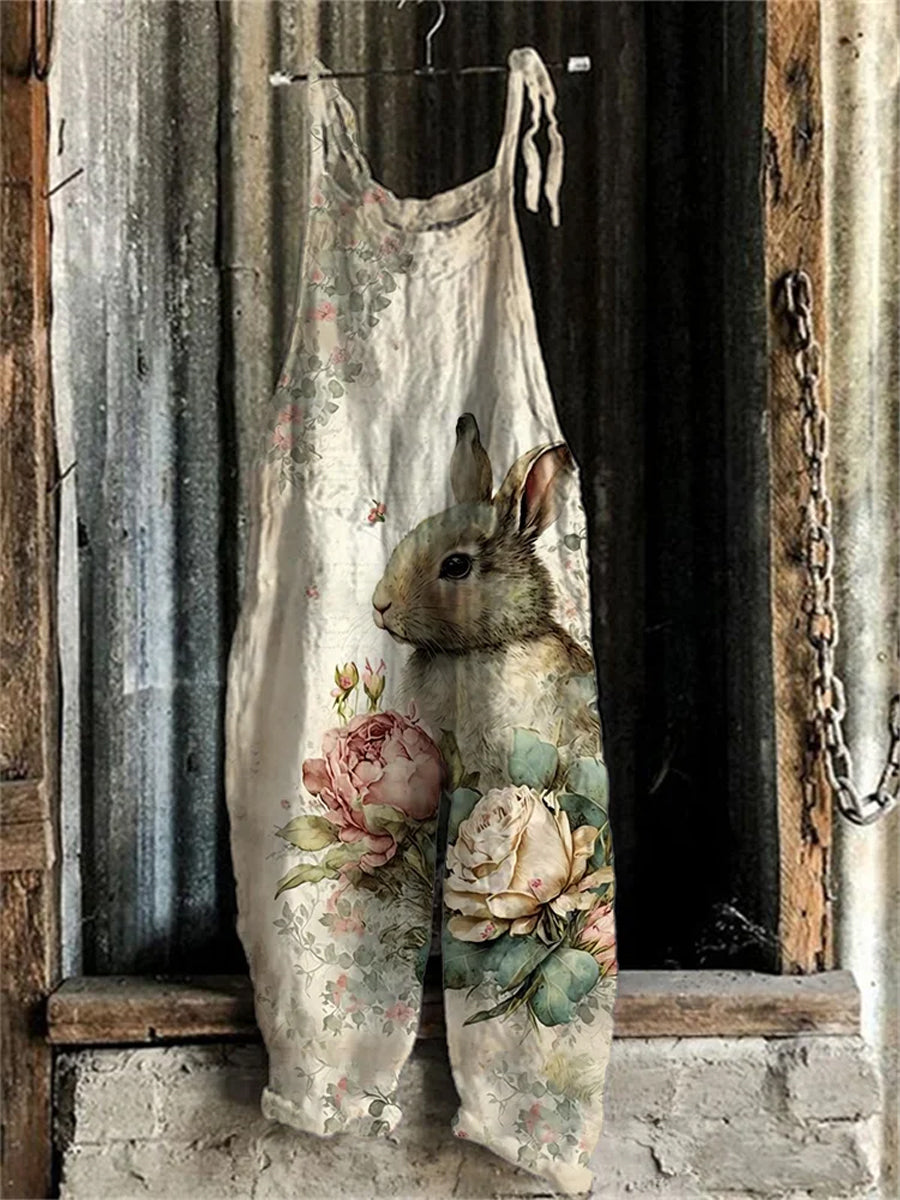 Dames Eatser Schattige konijntje bedrukt katoenen linnen comfortabele broek