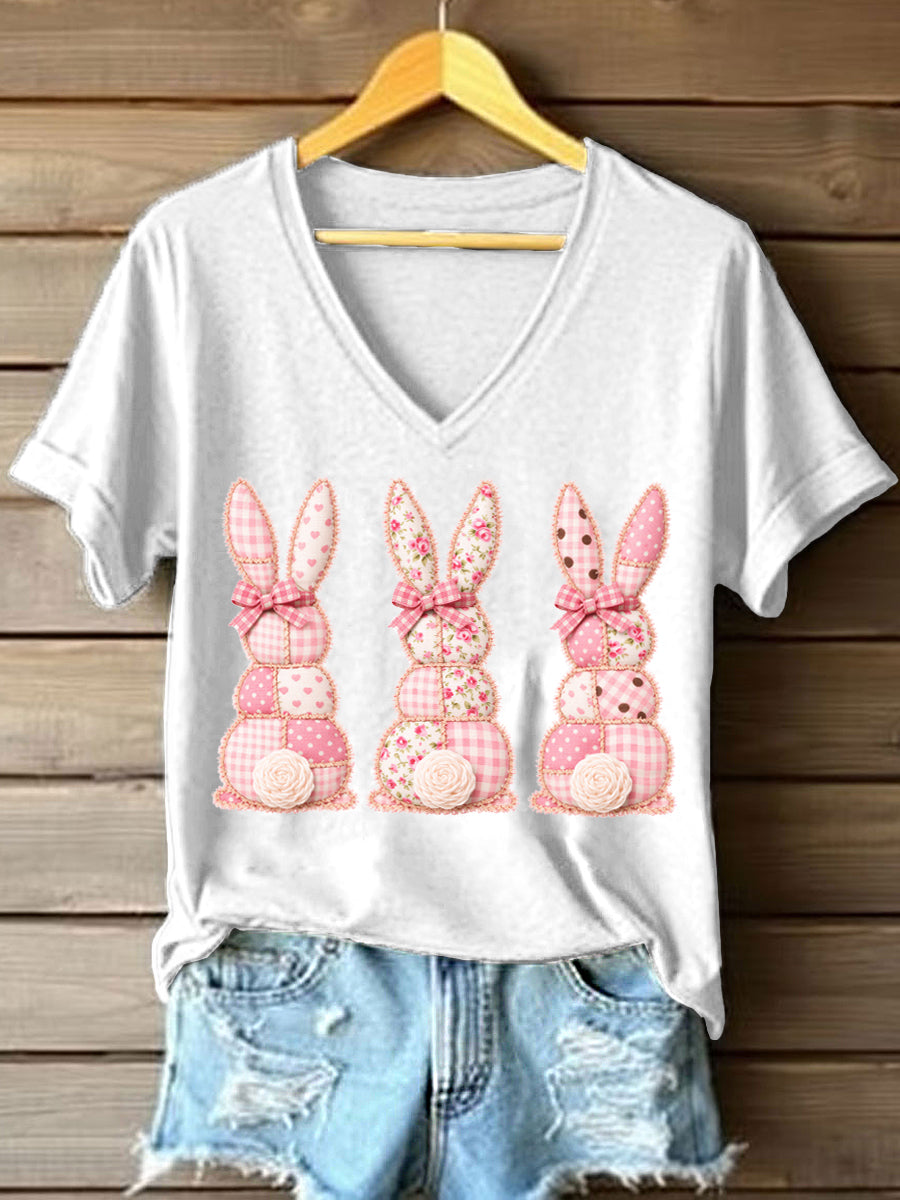 Schattige Bunny Patchwork Patchwork Patroon V-hals T-shirt voor dames