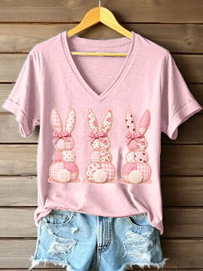 Schattige Bunny Patchwork Patchwork Patroon V-hals T-shirt voor dames