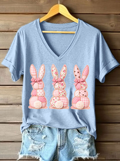 Schattige Bunny Patchwork Patchwork Patroon V-hals T-shirt voor dames