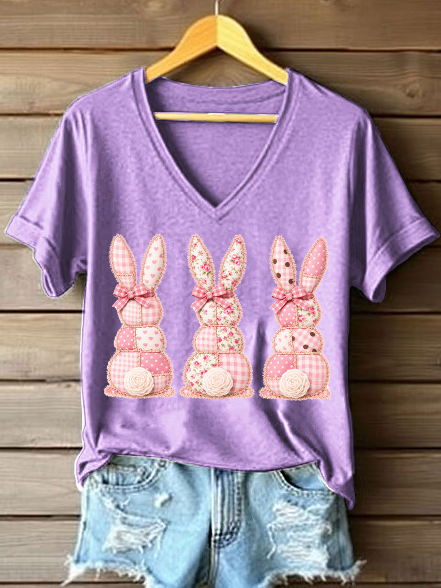 Schattige Bunny Patchwork Patchwork Patroon V-hals T-shirt voor dames